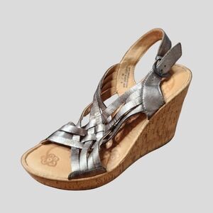 Born Metallic Pewter Silver Leather Wedge Sandals